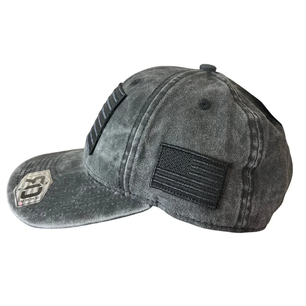 Runs Deep Tactical Mens American Flag Patch Hat Acid Wash Black Snapback Cap NEW